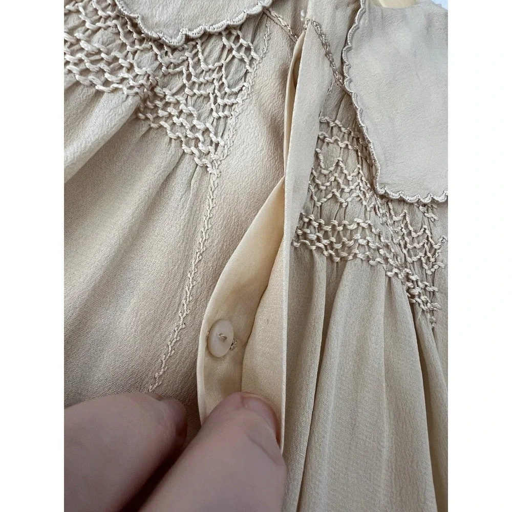 Antique Silk Dress Coat Robe Embroidered Gown Baby Cream Lined Handmade